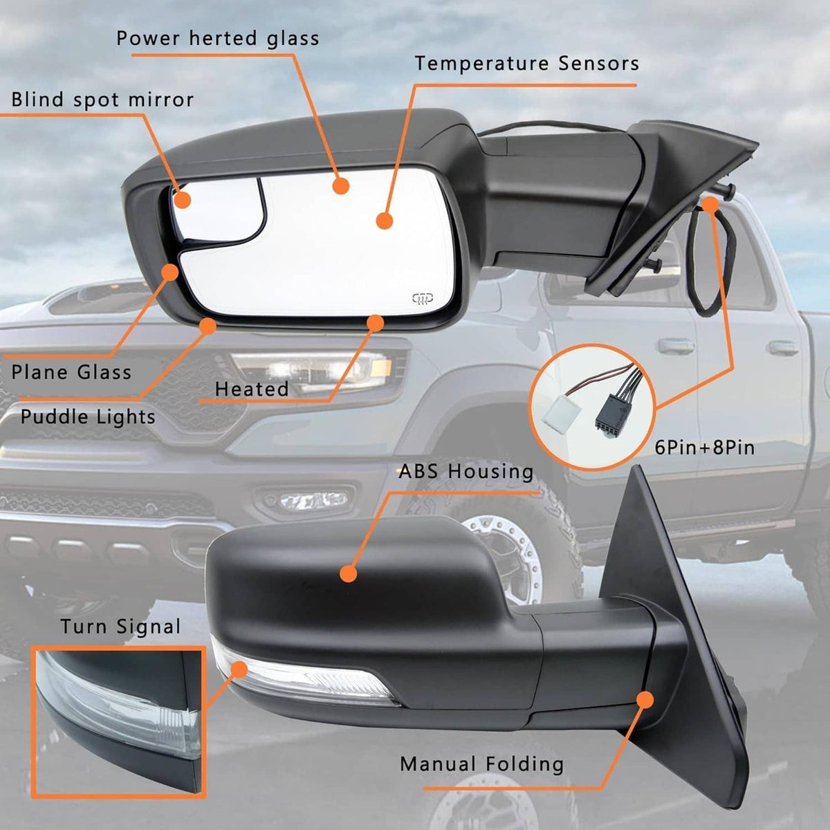 Heated power folding driver-side mirror with sensors and turn signal, shown installed