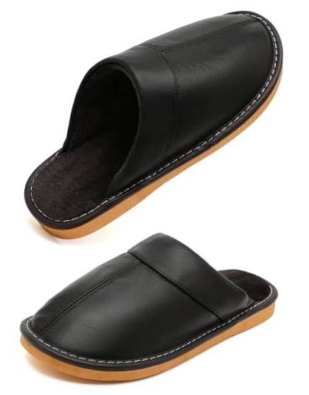 Black leather slip-on slippers with fuzzy lining, rounded toe, and stitched trim