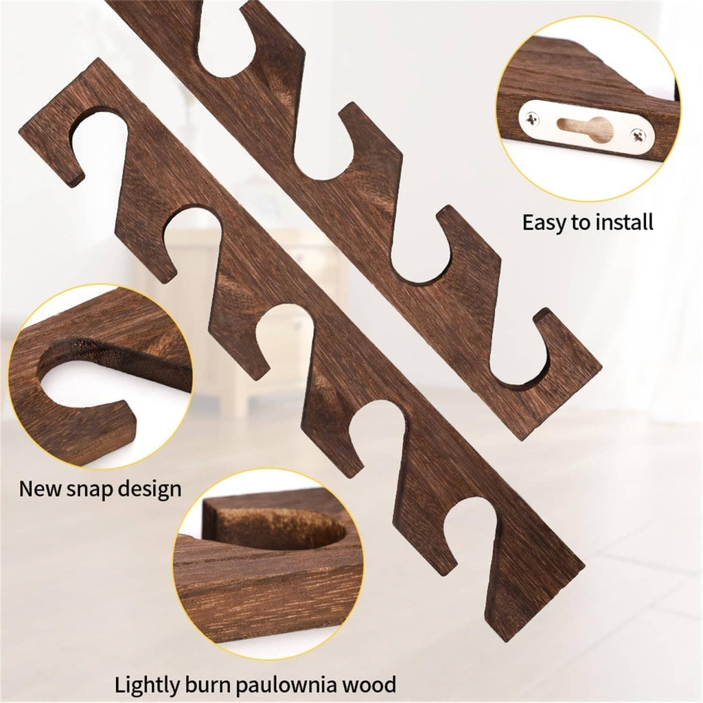 Brown wooden snap-fit hat rack with curved slots for baseball cap brims