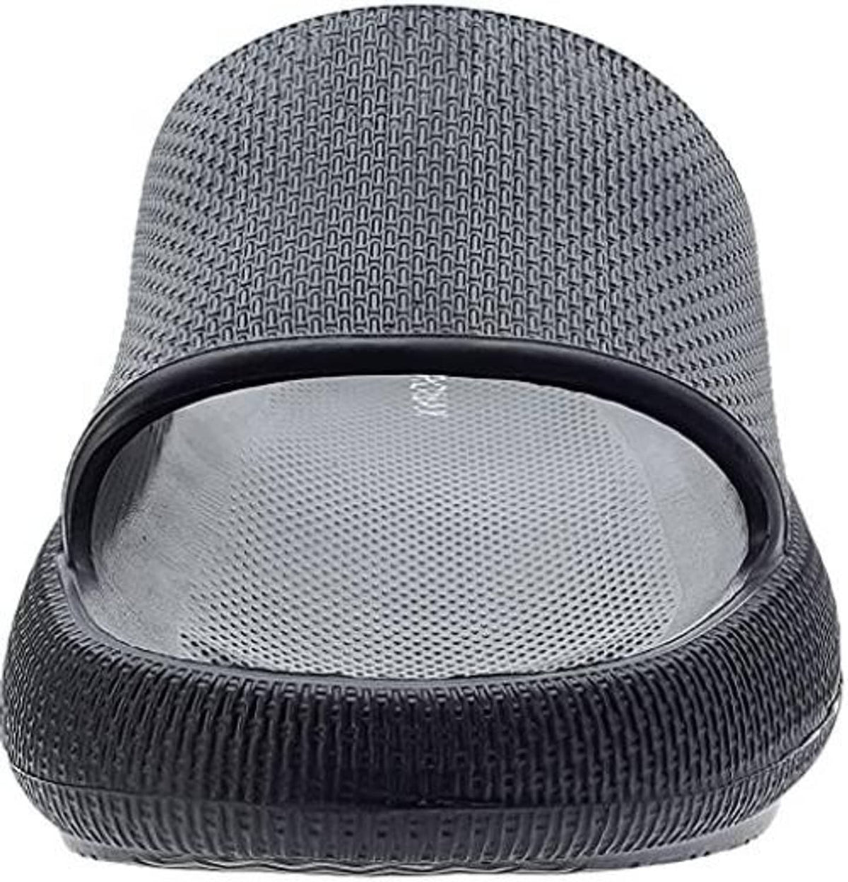 Black pillow slippers with mesh-like interior footbed and thick cushioned base.