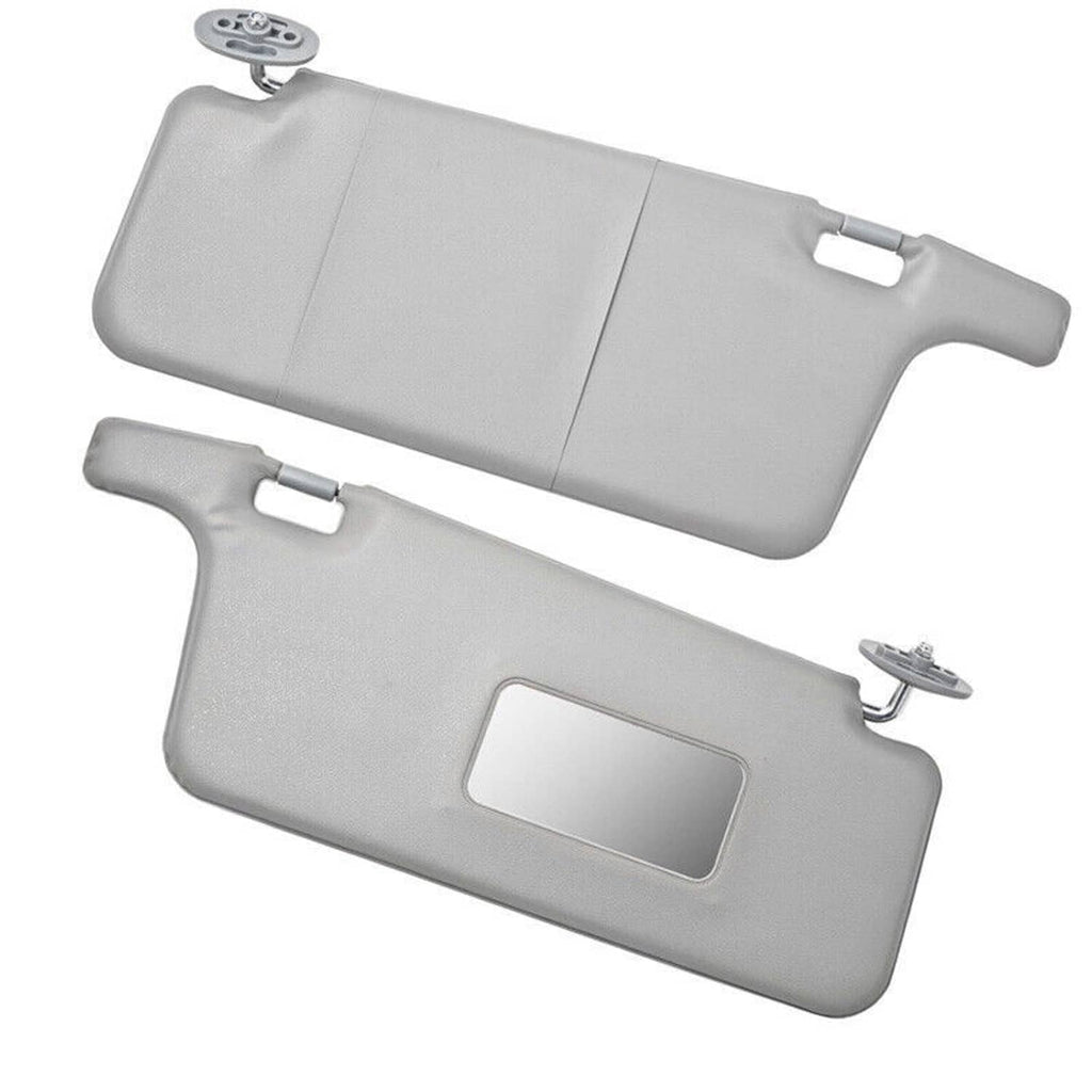 Gray driver and passenger sun visors with mirror opening and side mounting hooks