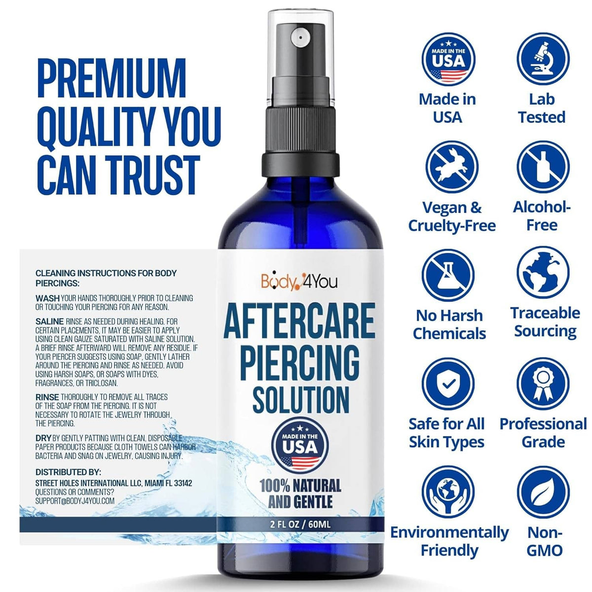 Piercing aftercare saline spray bottle back label with pump and blue glass