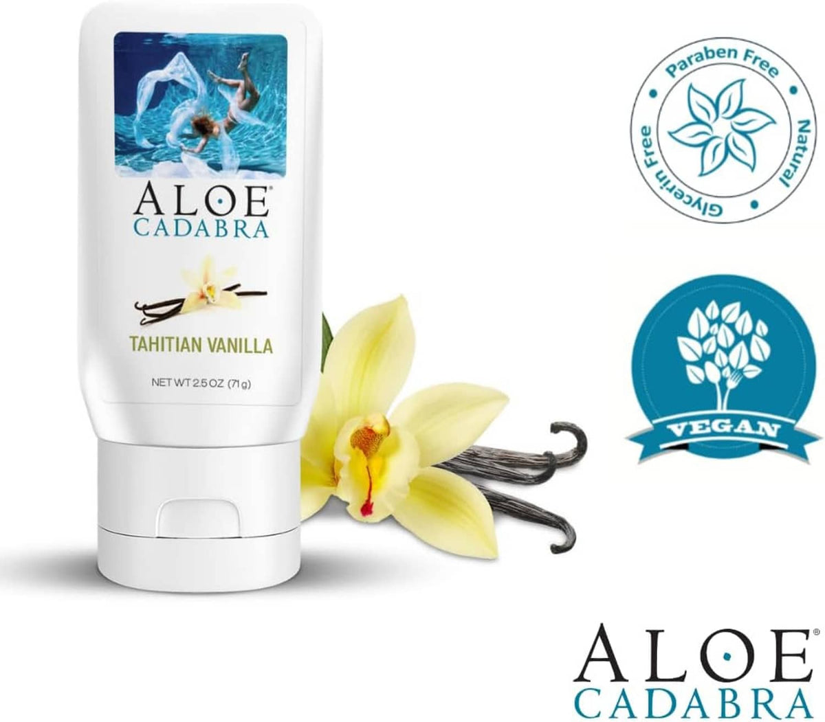Aloe Cadabra Tahitian vanilla lubricant tube with vanilla flowers and vegan/paraben-free seals