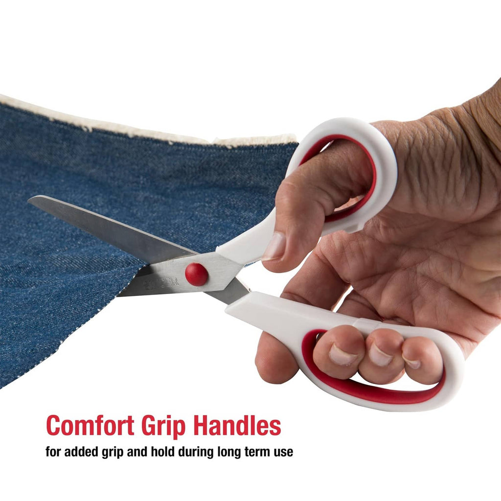 Fabric scissors with red-and-white comfort grip handles for cutting denim