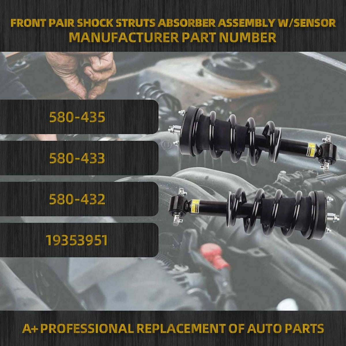 Front pair shock struts with black coil springs and sensor-equipped bracket