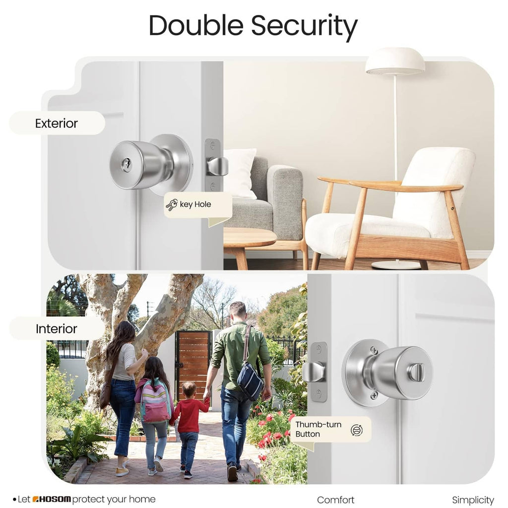 Keyed door knob lock with thumb-turn button, double security exterior and interior views