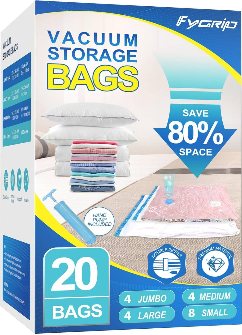 Vacuum storage bag set with hand pump, clear plastic bags and blue double-zip seals