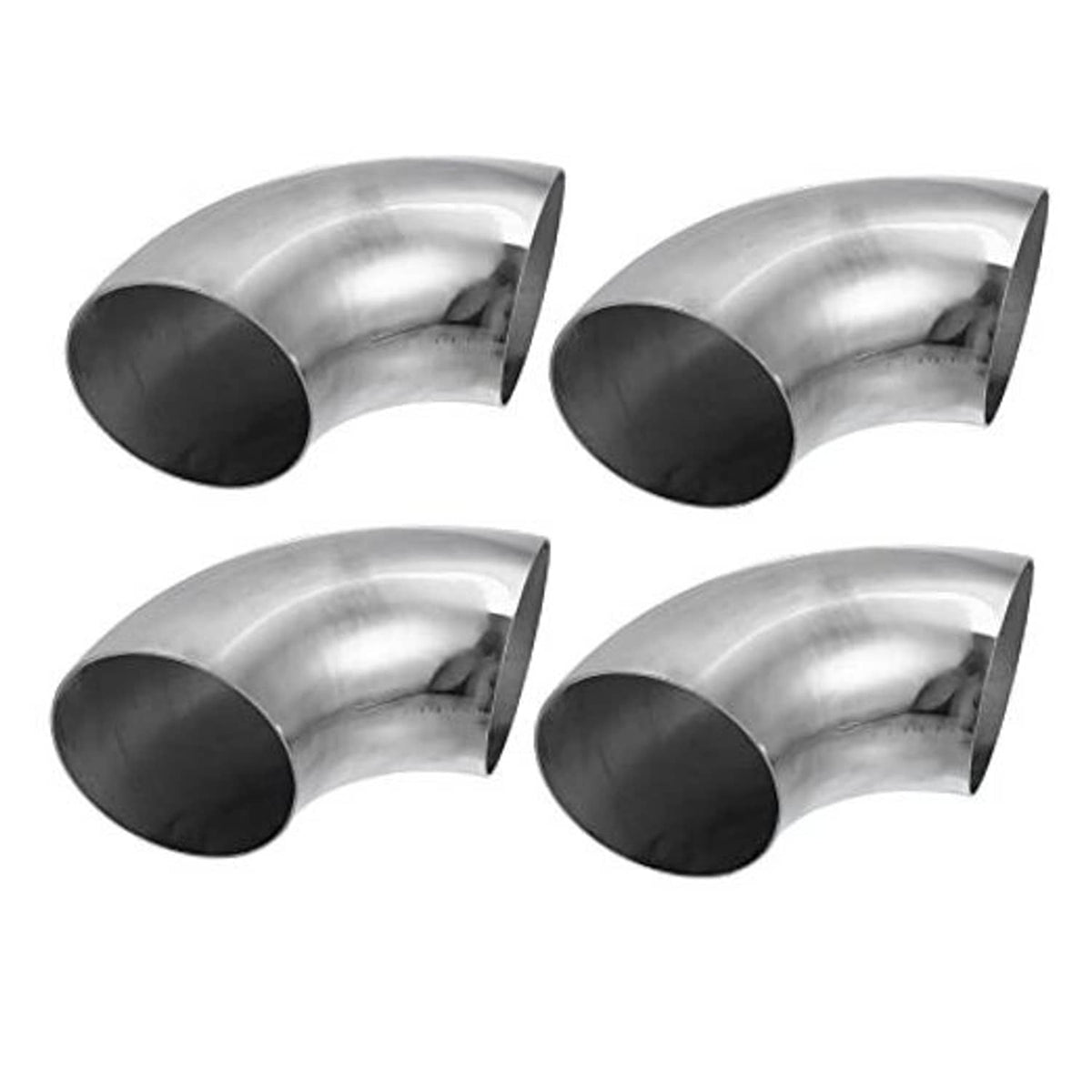 Set of four silver stainless steel 90-degree mandrel bend elbow pipe fittings