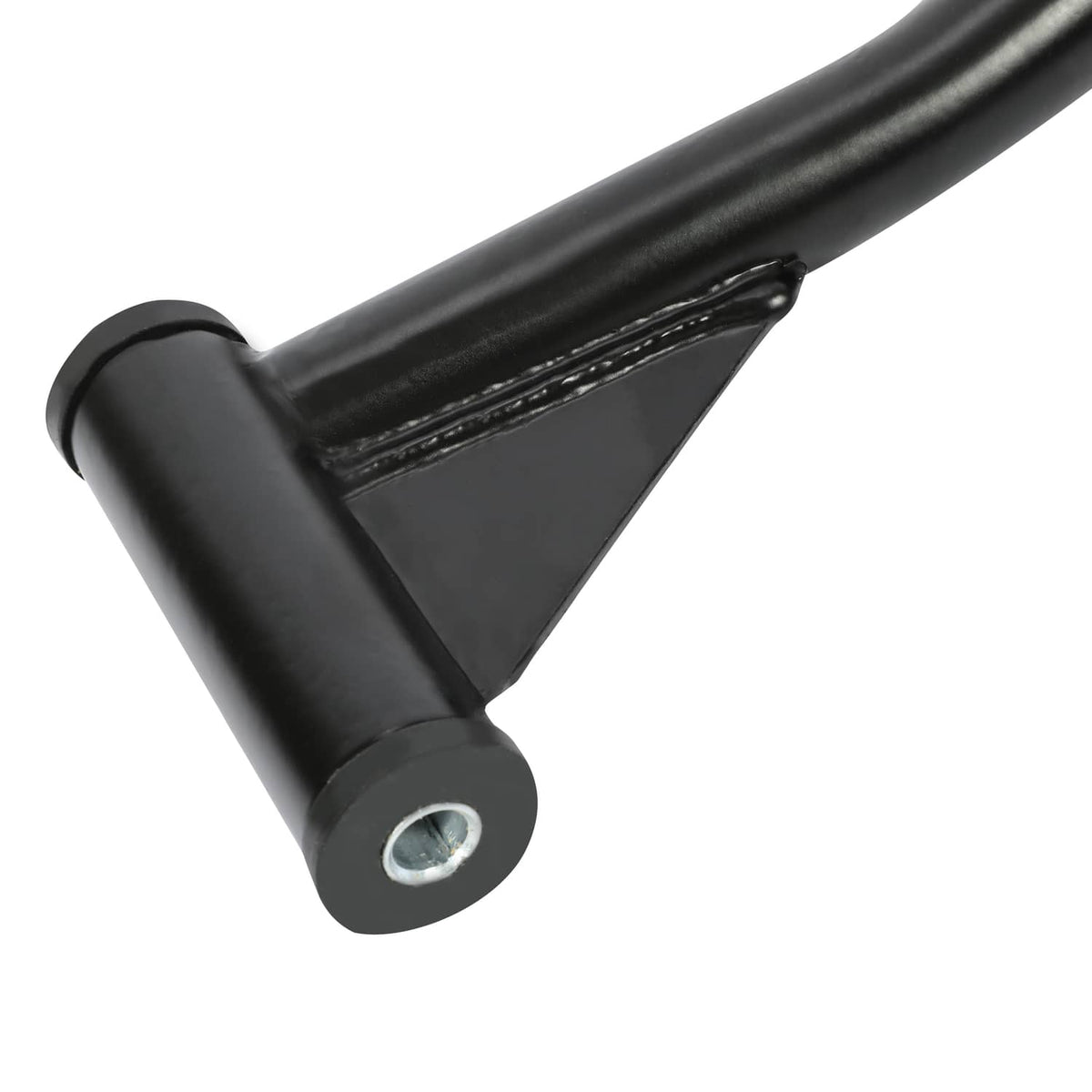 Black A-arm joint with welded triangular bracket and mounting hole