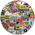 Funny hard hat sticker sheet with assorted humorous icons and text, round shape