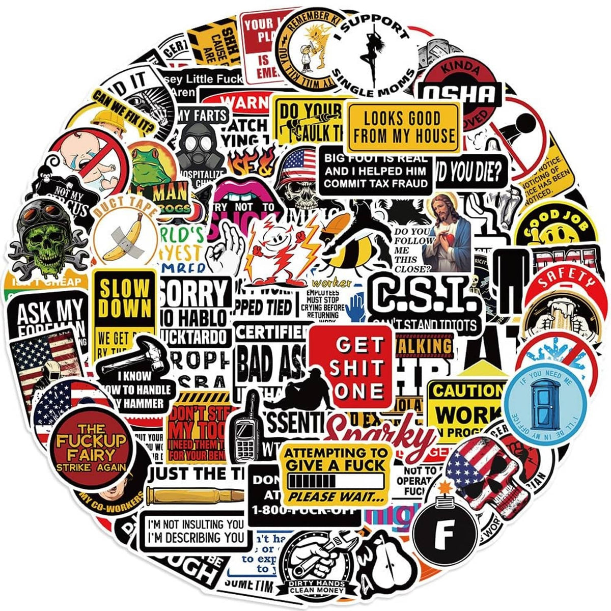 Funny hard hat sticker sheet with assorted humorous icons and text, round shape