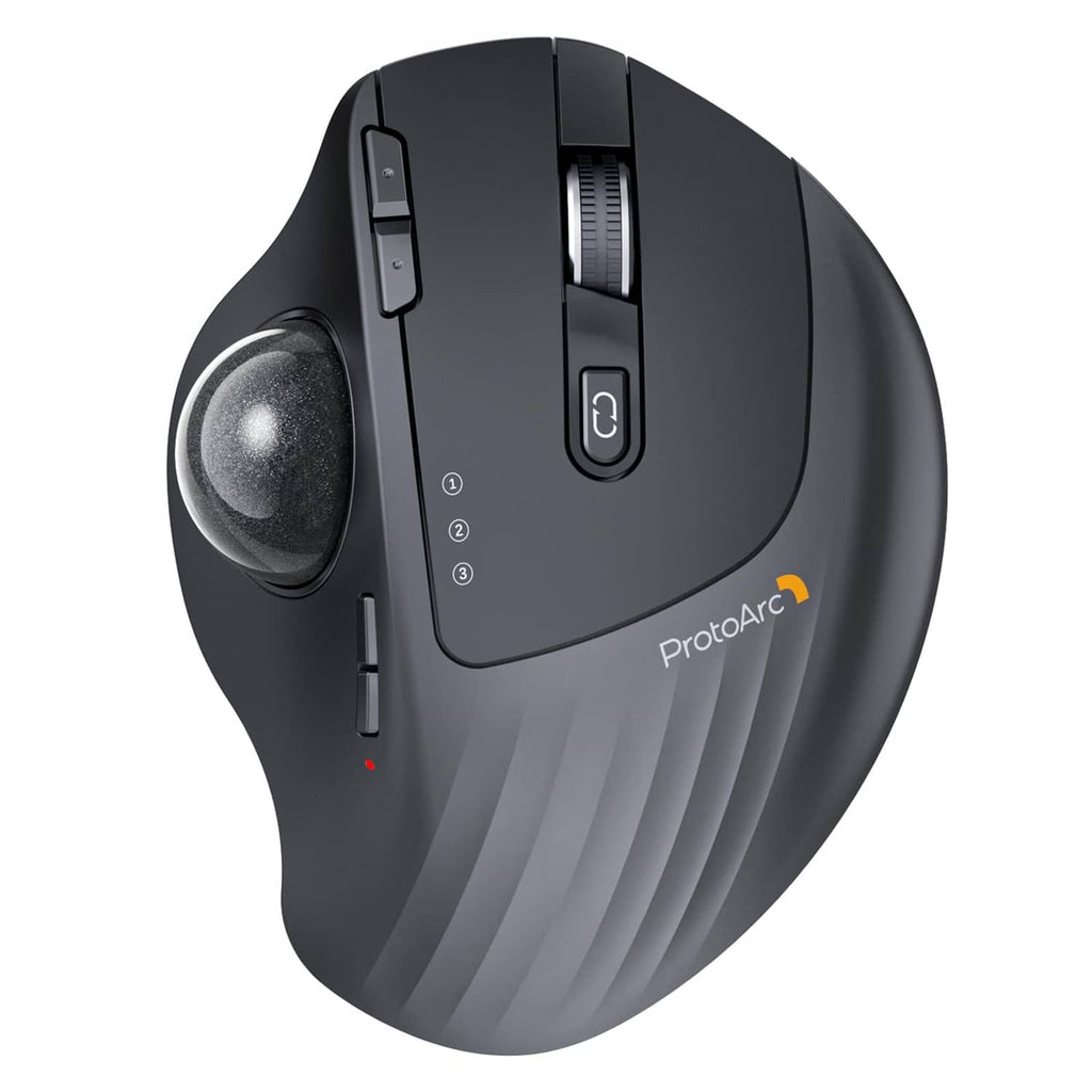Ergonomic wireless trackball mouse with dark gray shell and thumb trackball