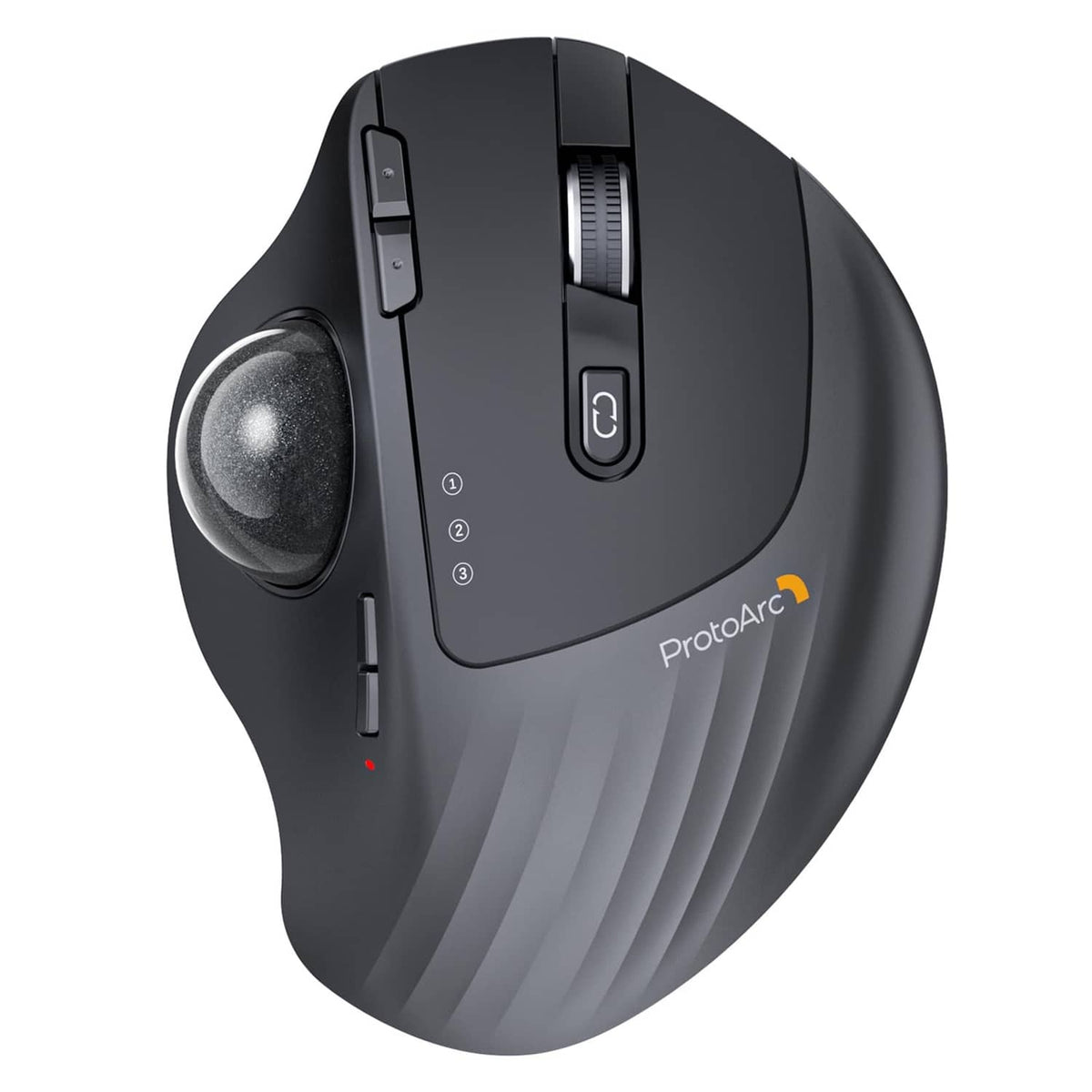Ergonomic wireless trackball mouse with dark gray shell and thumb trackball