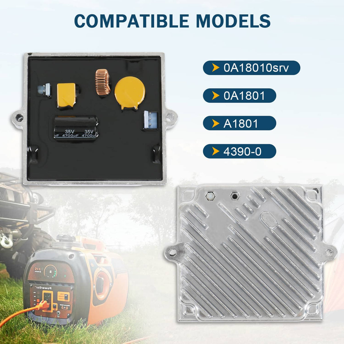 Battery charger control module with black faceplate, copper coil, and yellow components