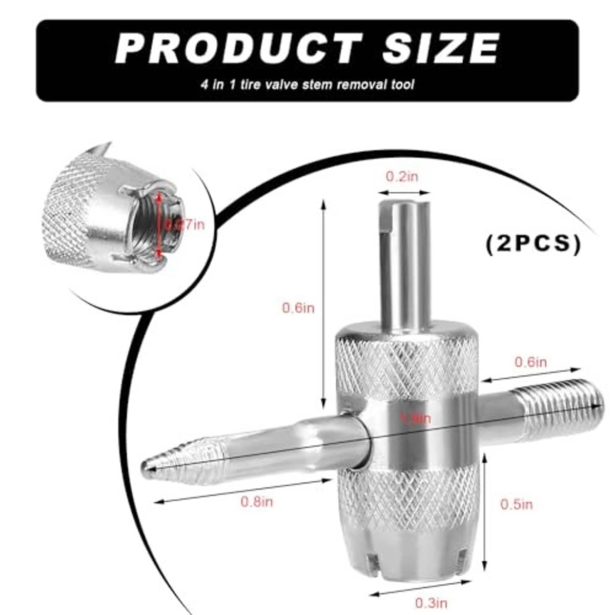 Tire valve core remover 4-in-1 tool, two-pack, shown with head and handle dimensions