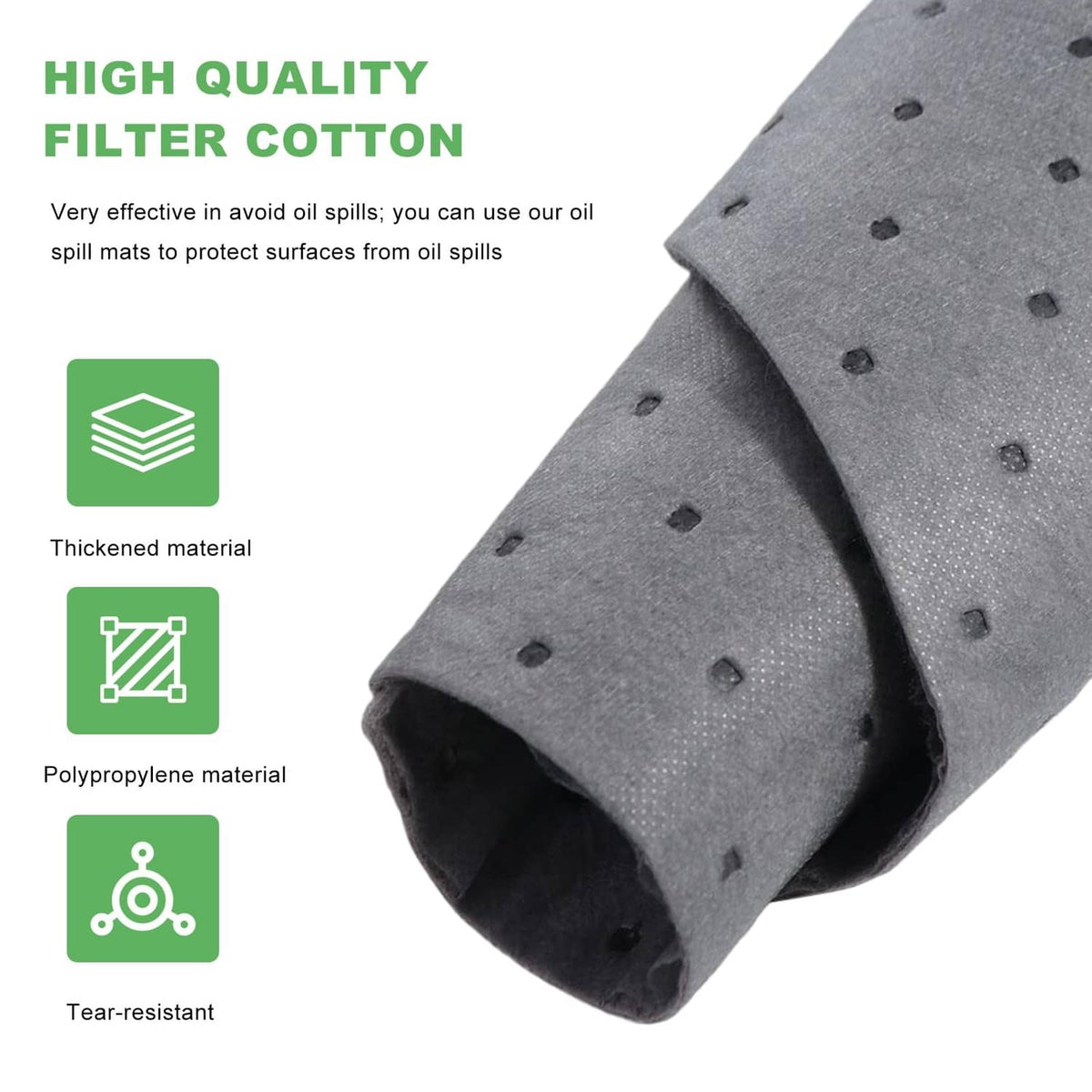 Gray oil absorbent pad roll with perforated surface and rolled stitched edge