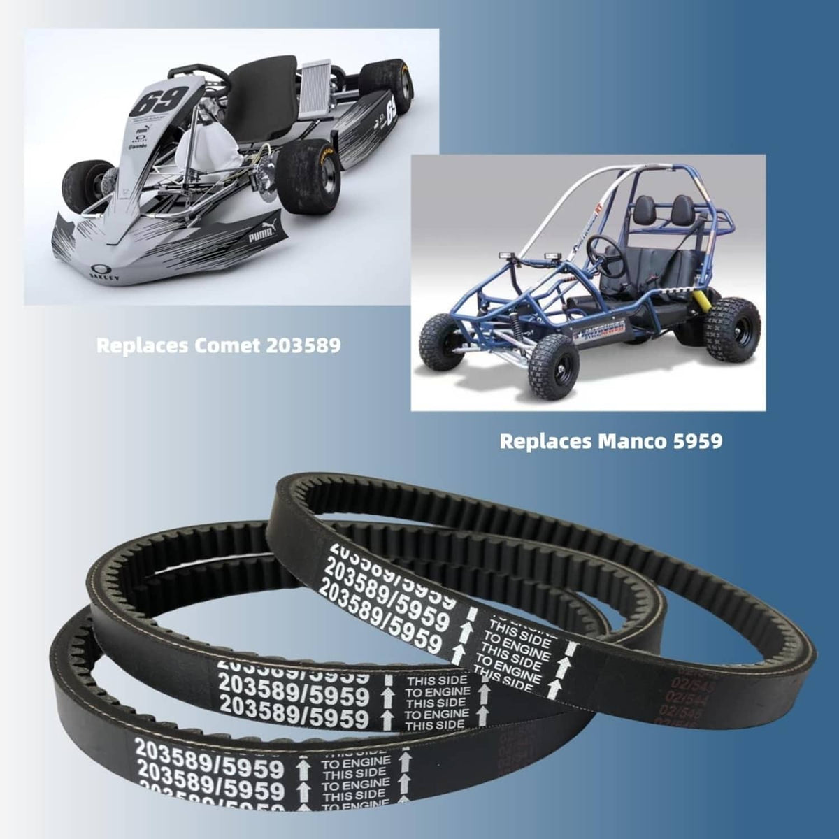 Black go-kart drive belt loop with ribbed teeth and printed side markings