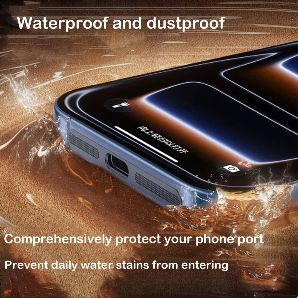 Metal dust plug covering phone port on dark blue phone with water splash