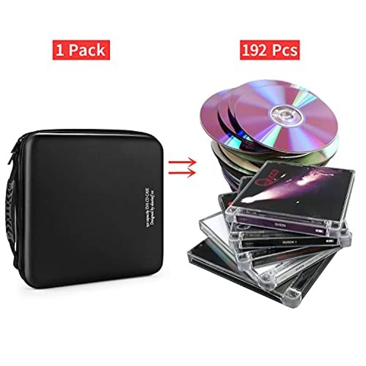 Black zippered hard EVA DVD/CD case shown with multiple stacked discs