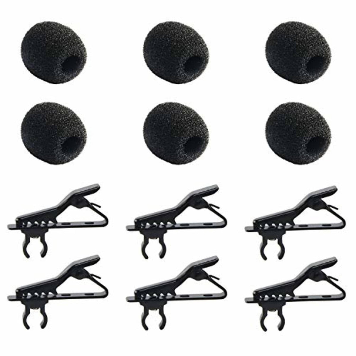 Black lavalier mic clip kit with multiple foam windscreens and clips