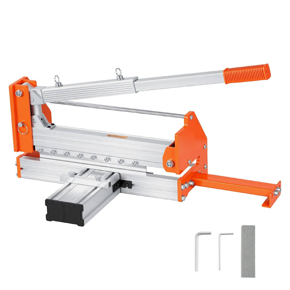 Flooring cutter tool with orange alloy frame and silver rails, 12 in cutting track