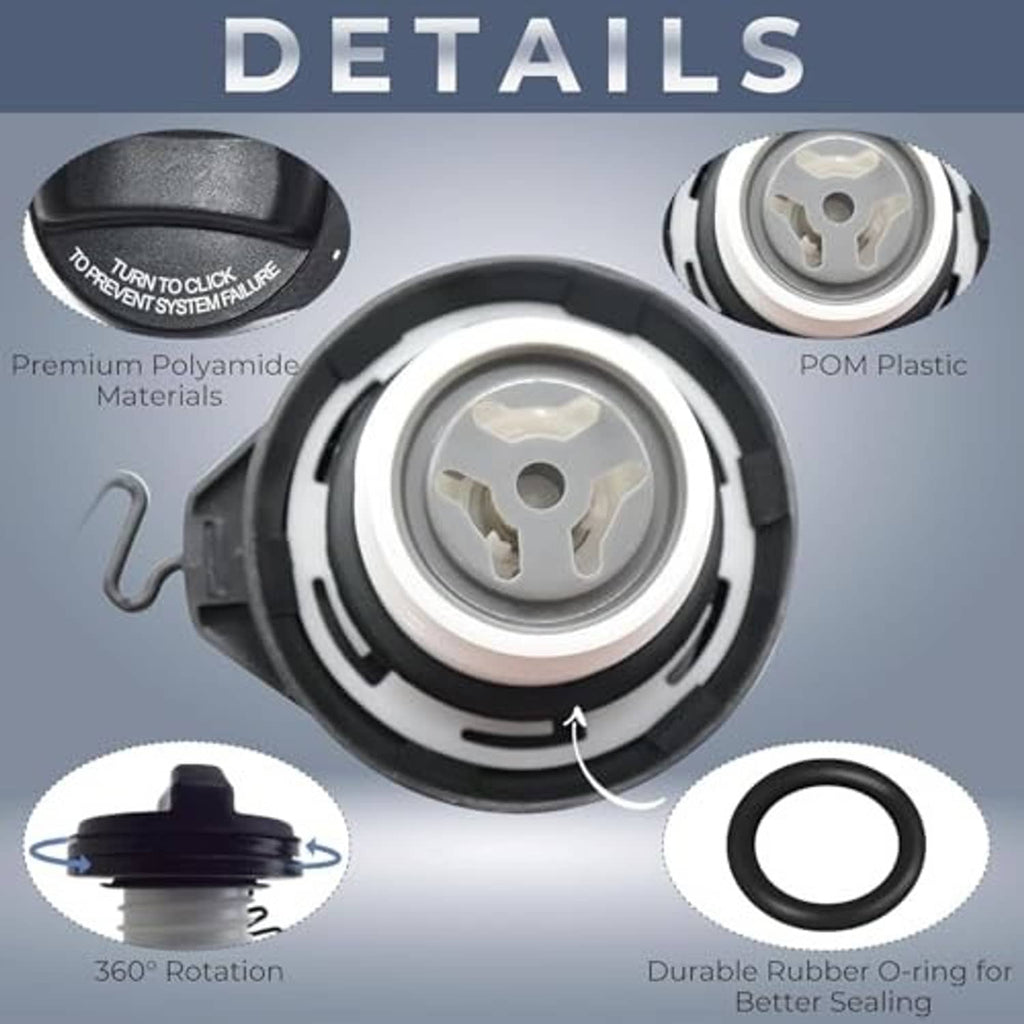 Fuel tank cap assembly with black cap, coil tether, and rubber O-ring seal