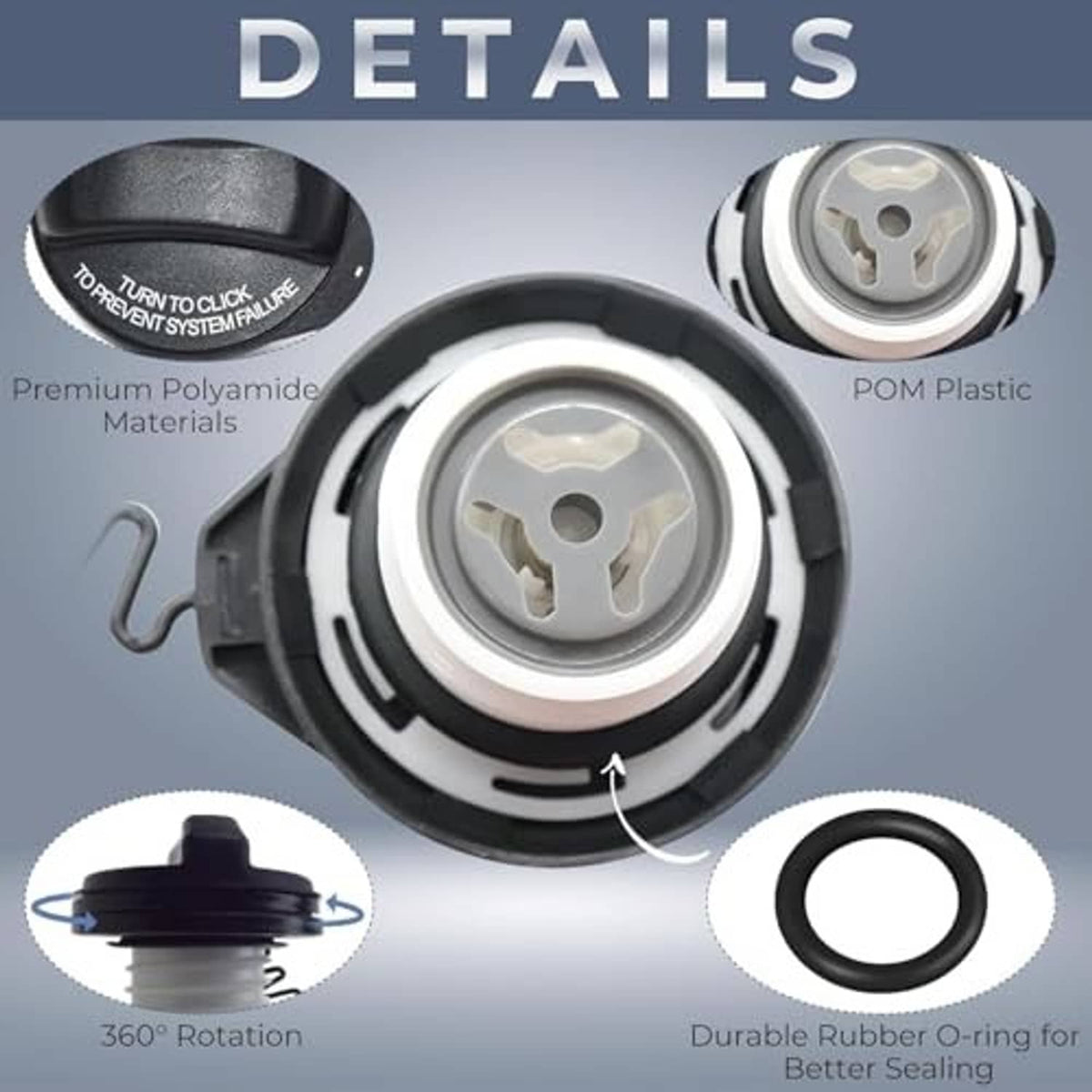 Fuel tank cap assembly with black cap, coil tether, and rubber O-ring seal