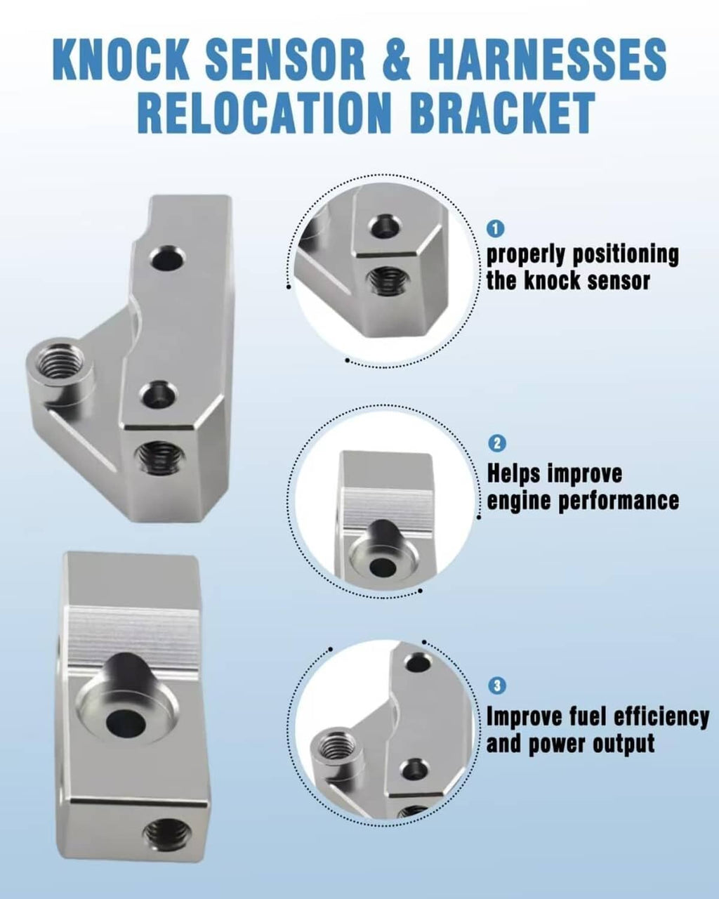 Knock sensor relocation bracket, silver metal mount with threaded holes and openings