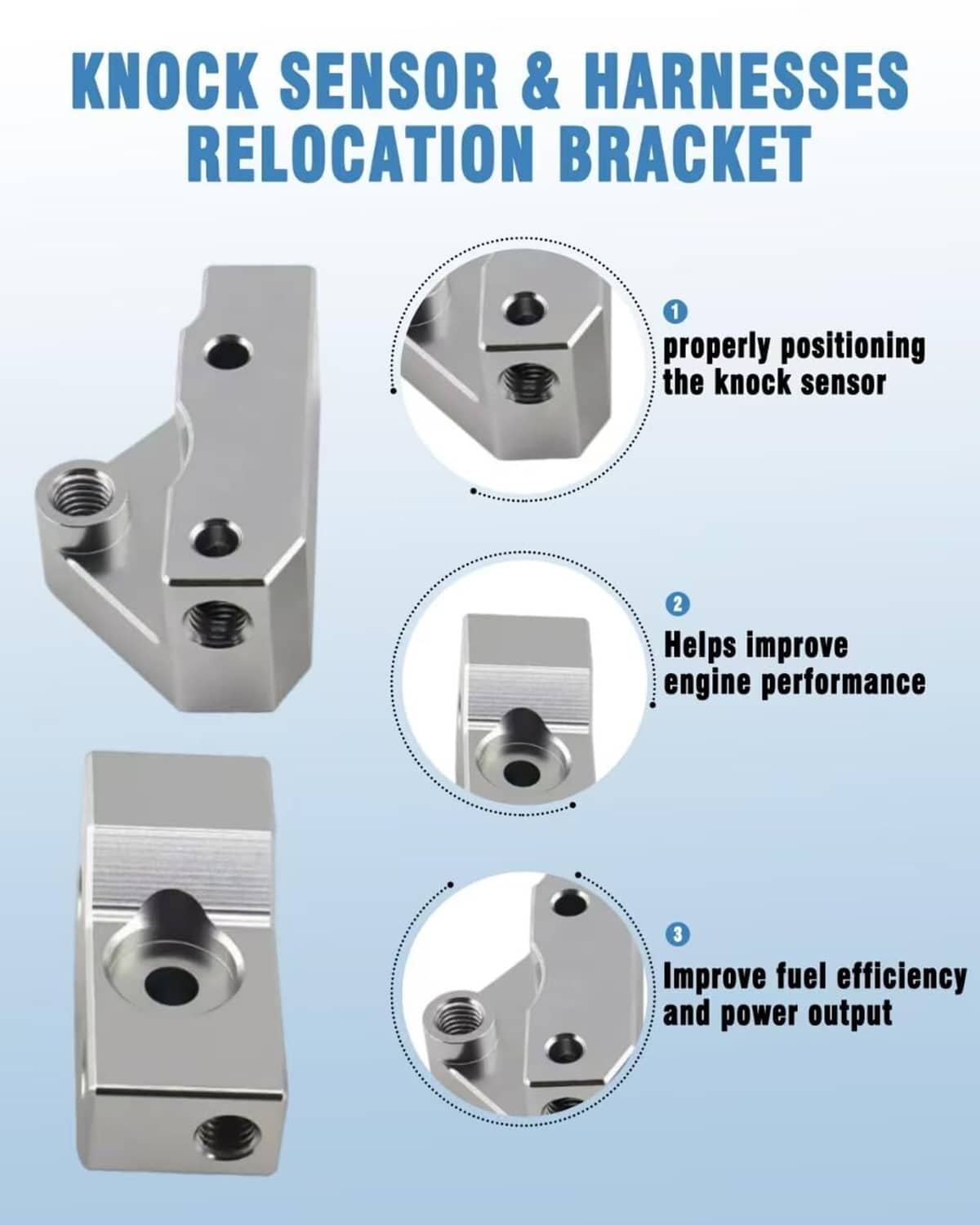 Knock sensor relocation bracket, silver metal mount with threaded holes and openings