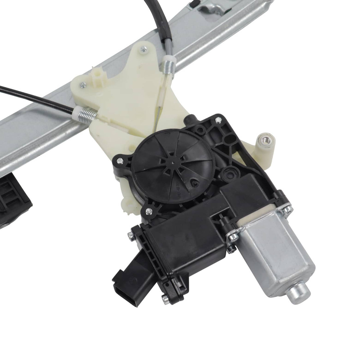 Power window regulator motor module with gear housing and linkage arms, close-up