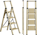 4-step folding step ladder stool with tan frame, black accents, and wide anti-slip pedals