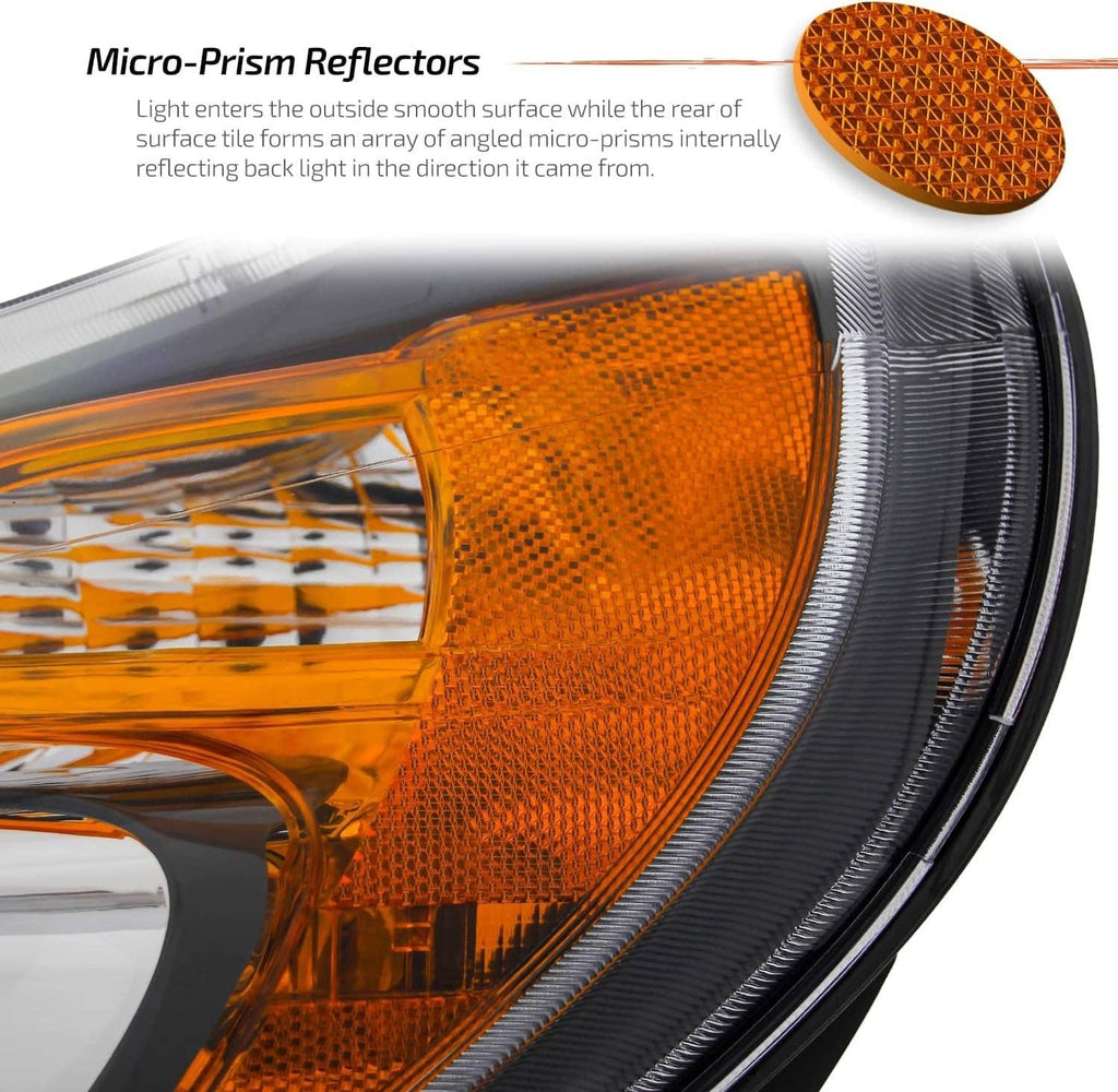 Headlight lens with amber reflector pattern, black housing trim, and chrome edging