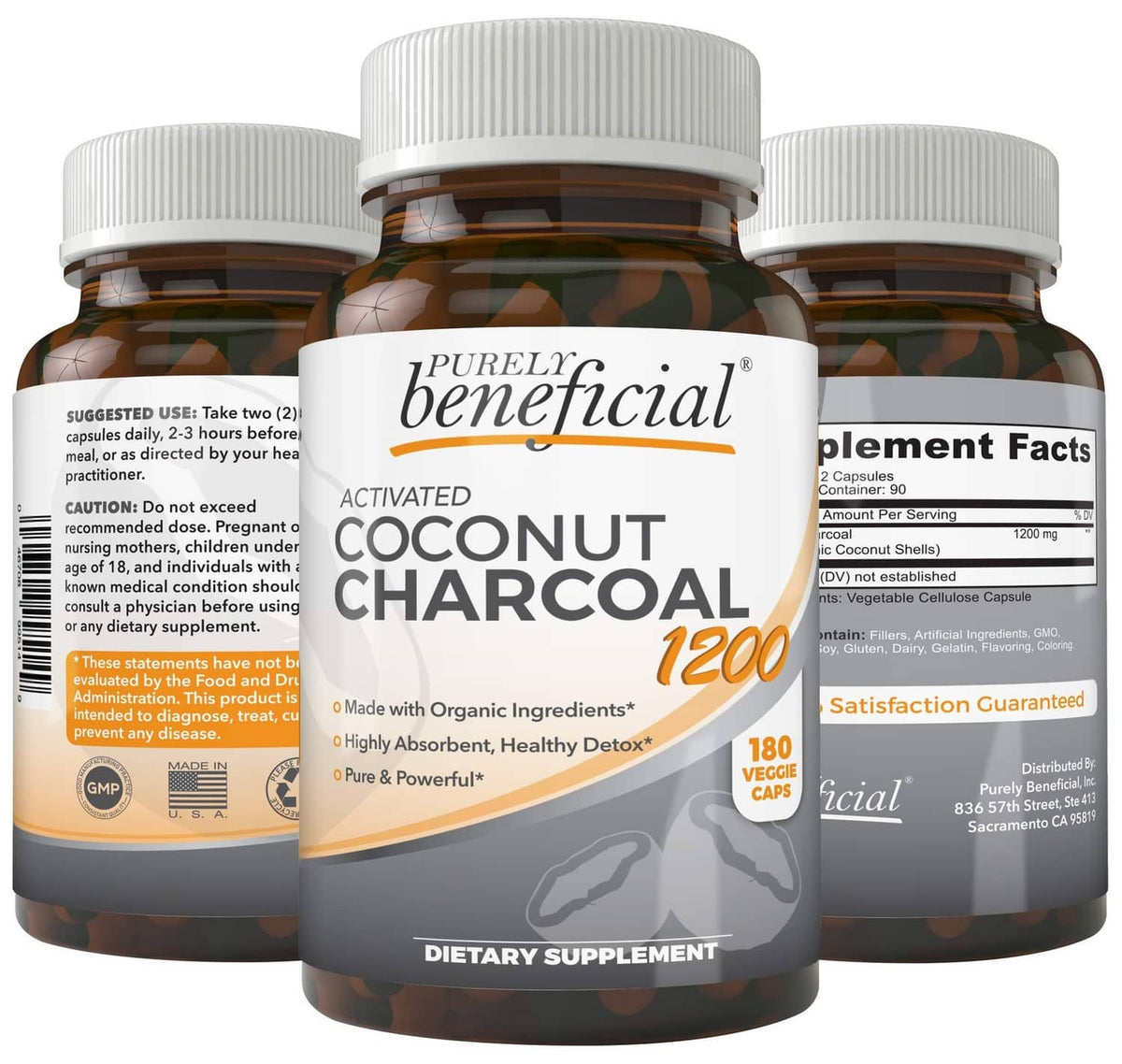 Activated coconut charcoal dietary supplement bottle with front label and 1200 mg