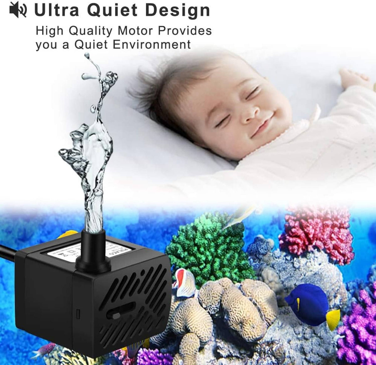 Black mini submersible water pump with fountain nozzle for aquariums and ponds