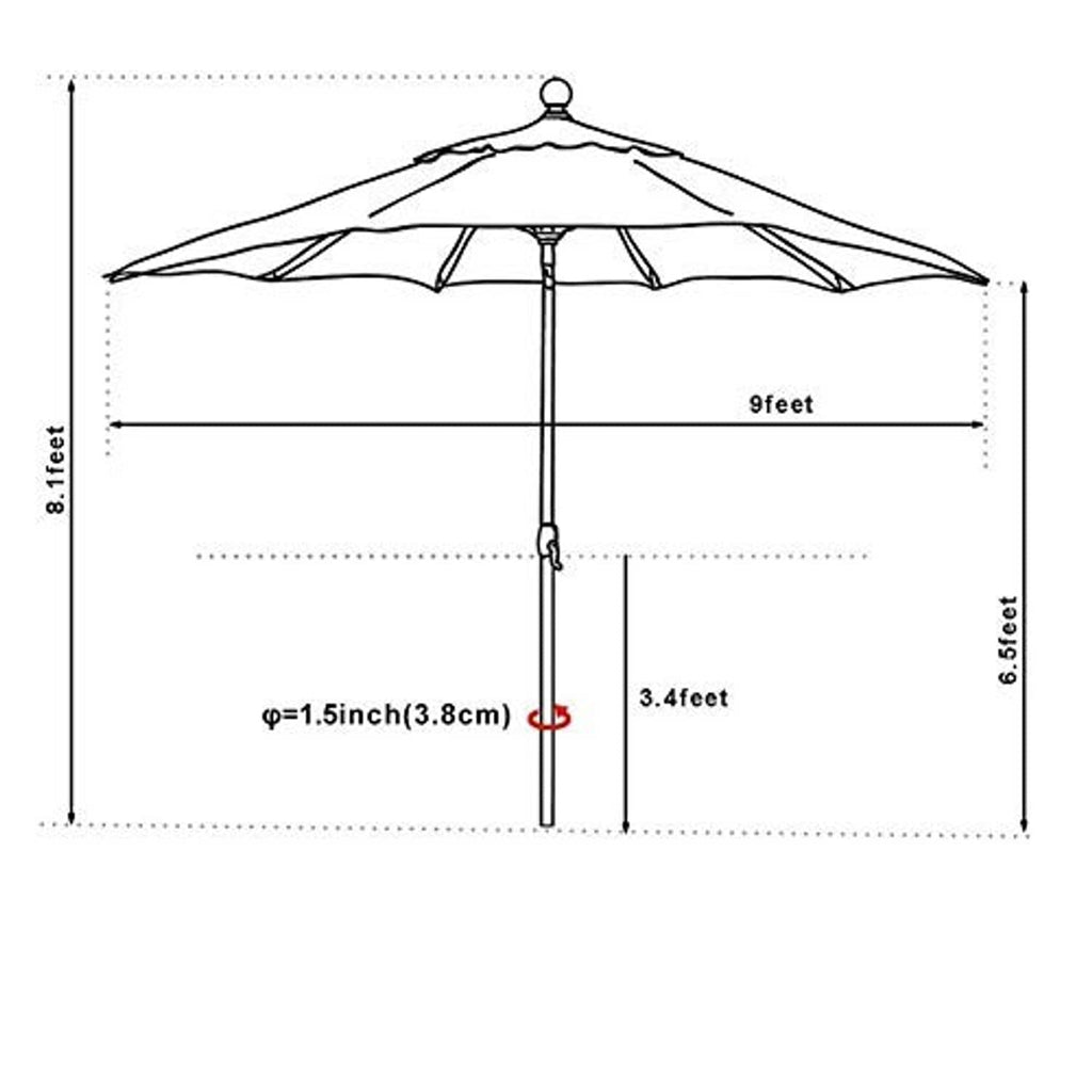 Heather beige 9ft patio market umbrella size diagram with height and canopy width