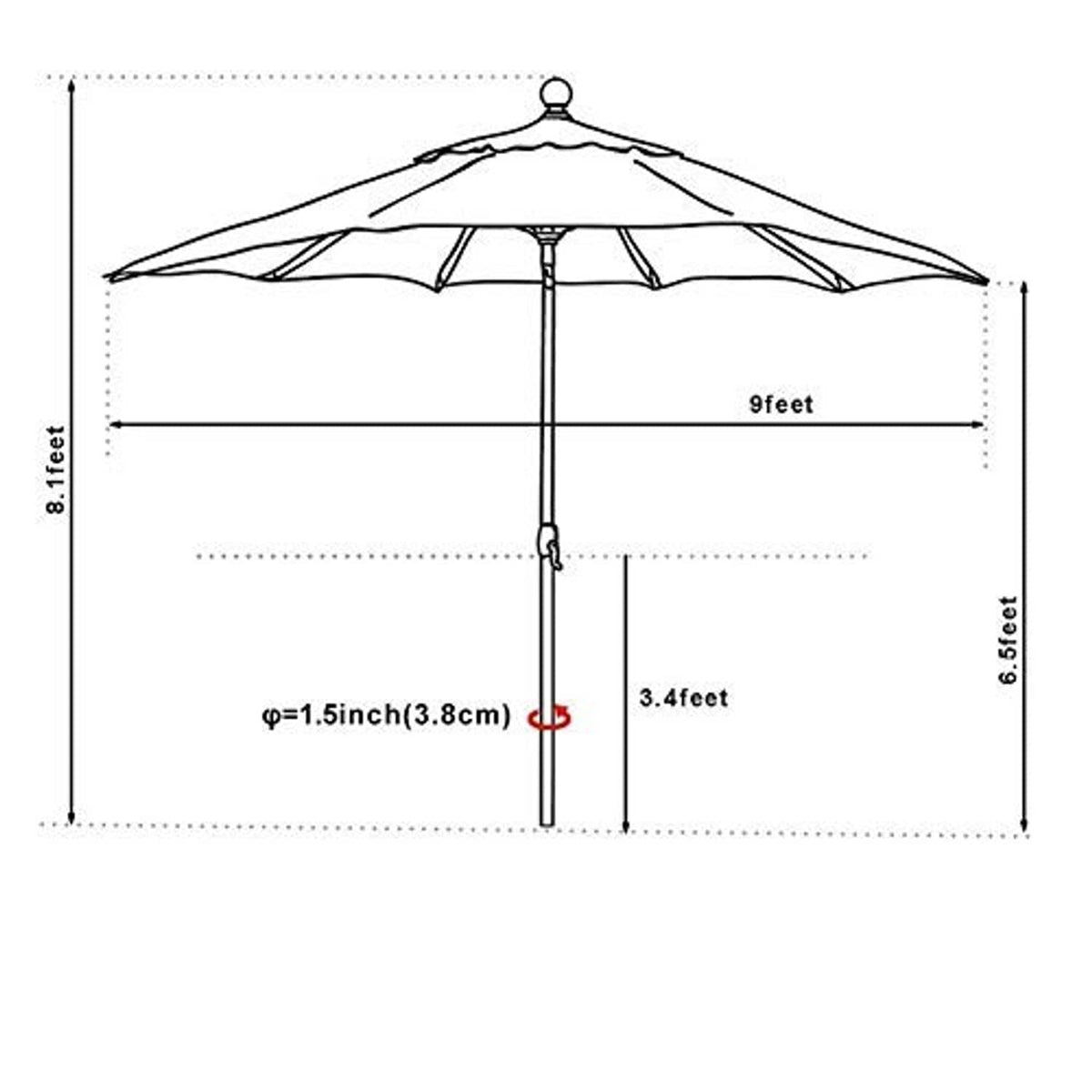 Heather beige 9ft patio market umbrella size diagram with height and canopy width