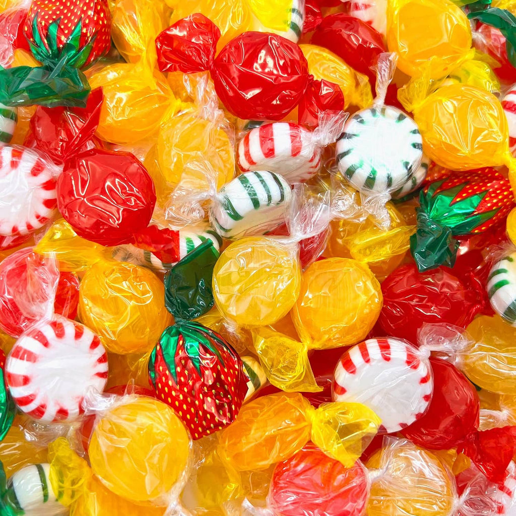 Assorted wrapped hard candies in red, yellow, and green, with striped mint pieces