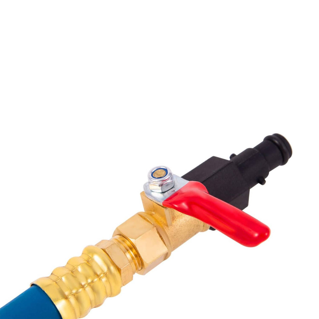 Brass ball valve with red lever and black hose-end connector