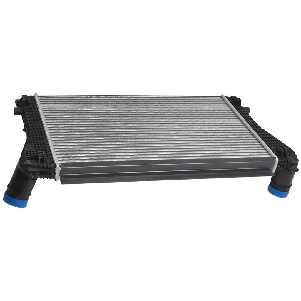 Turbo charge air intercooler with black plastic housing, silver fins, and blue hose couplers