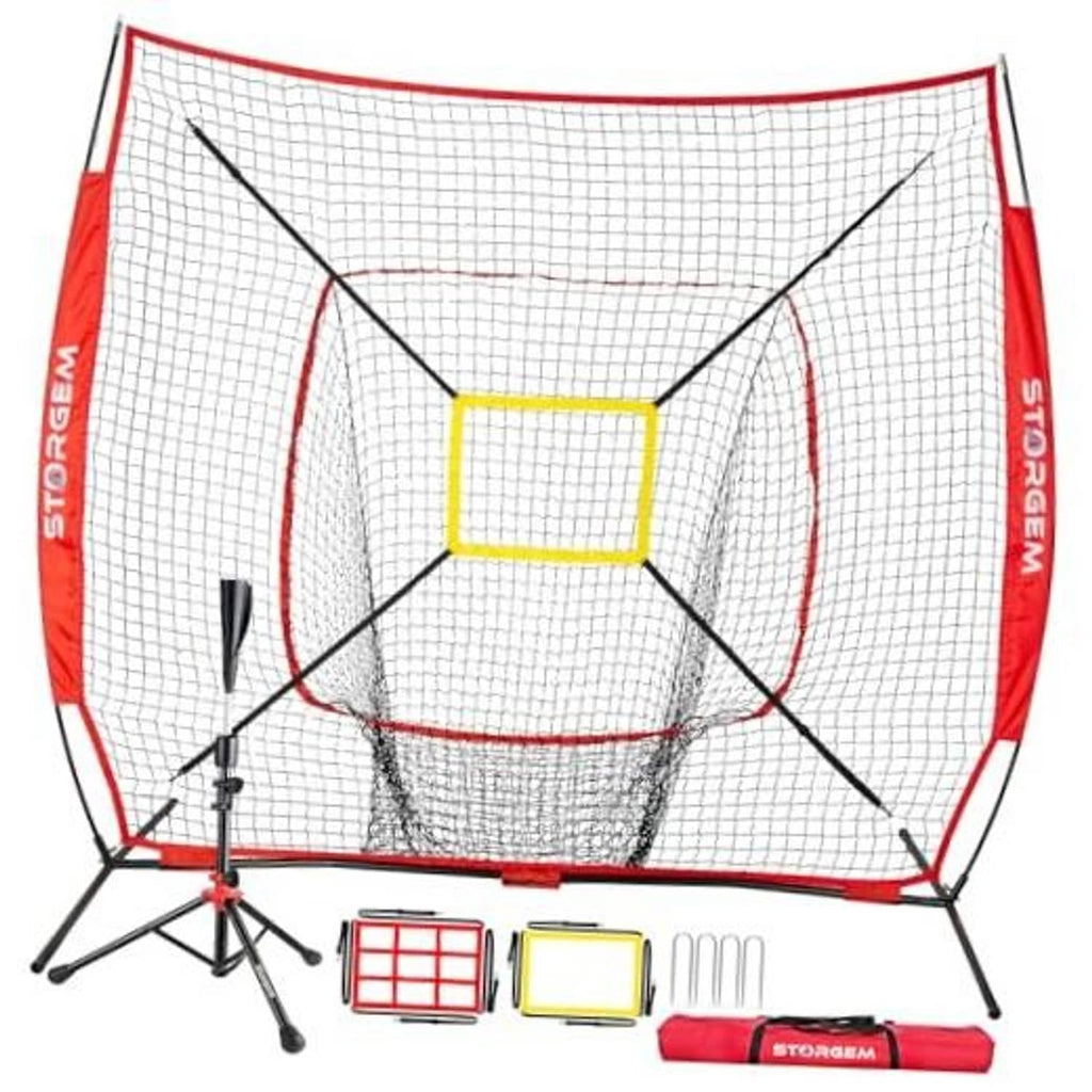 Red practice baseball net with yellow strike-zone target and tripod base frame