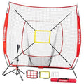 Red practice baseball net with yellow strike-zone target and tripod base frame