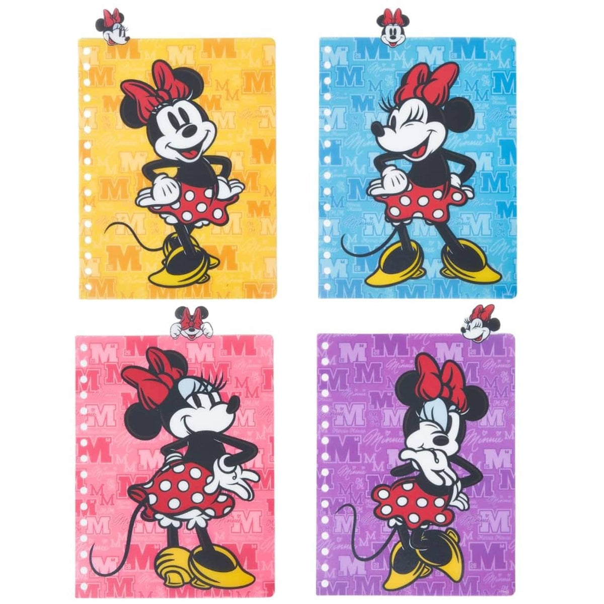 Set of Minnie Mouse notebook covers in yellow, blue, pink, and purple with character art.
