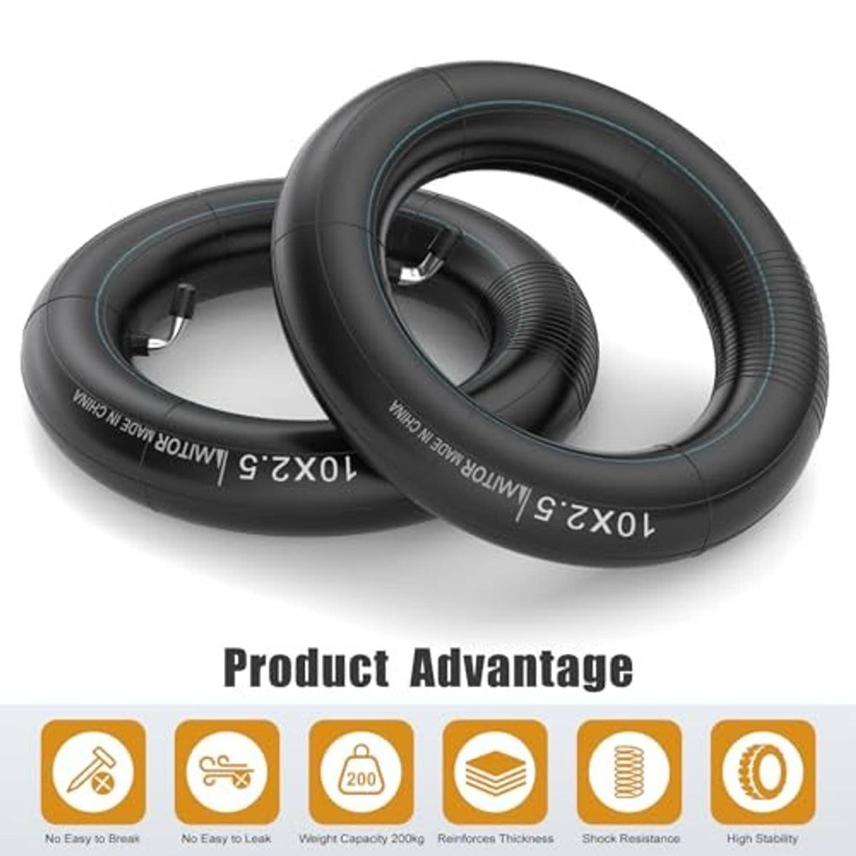 Two black scooter inner tubes with valve stems, angled close-up view