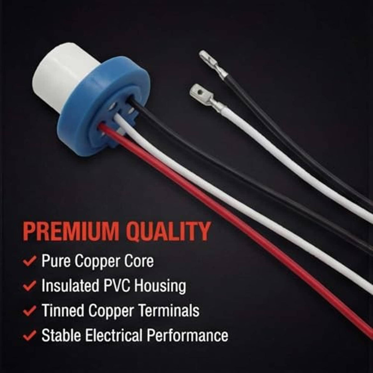 Headlight wiring harness set with white 3-pin ceramic sockets and red/black copper-core wires