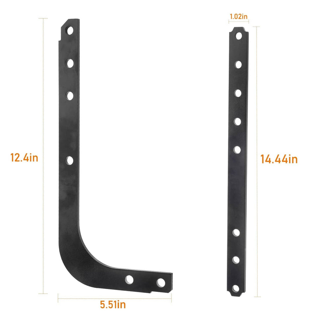 Black curved and straight garage door opener arms with mounting holes, size guide