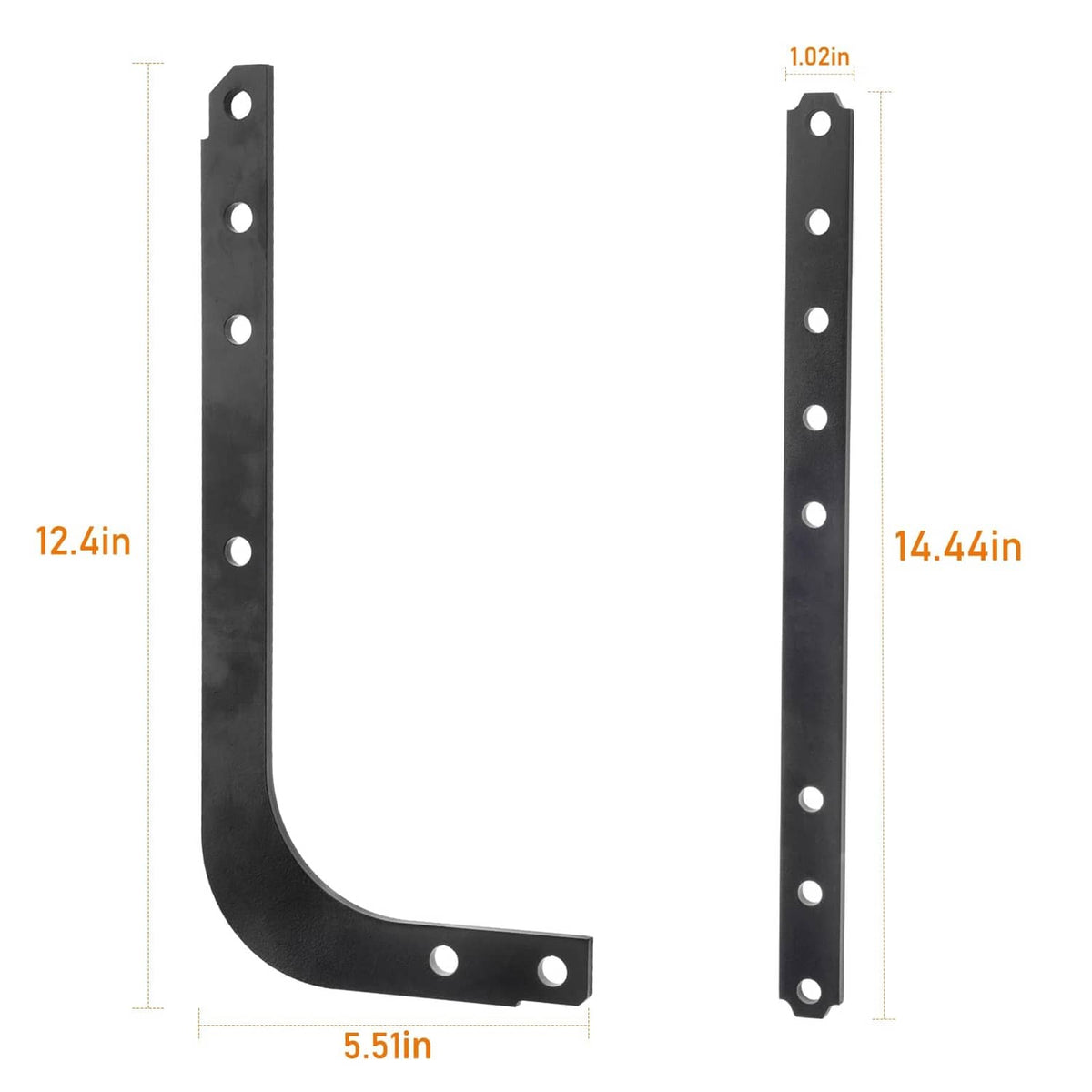 Black curved and straight garage door opener arms with mounting holes, size guide