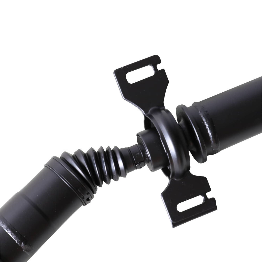 Rear prop shaft coupling with rubber boot and steel mounting plate, black.