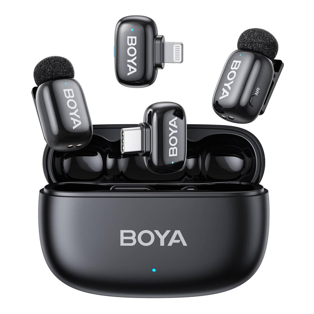 BOYA wireless microphone charging case with two black clip-on mics and foam windscreens