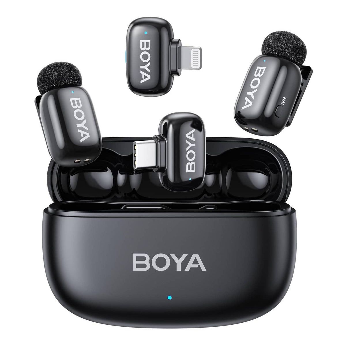 BOYA wireless microphone charging case with two black clip-on mics and foam windscreens