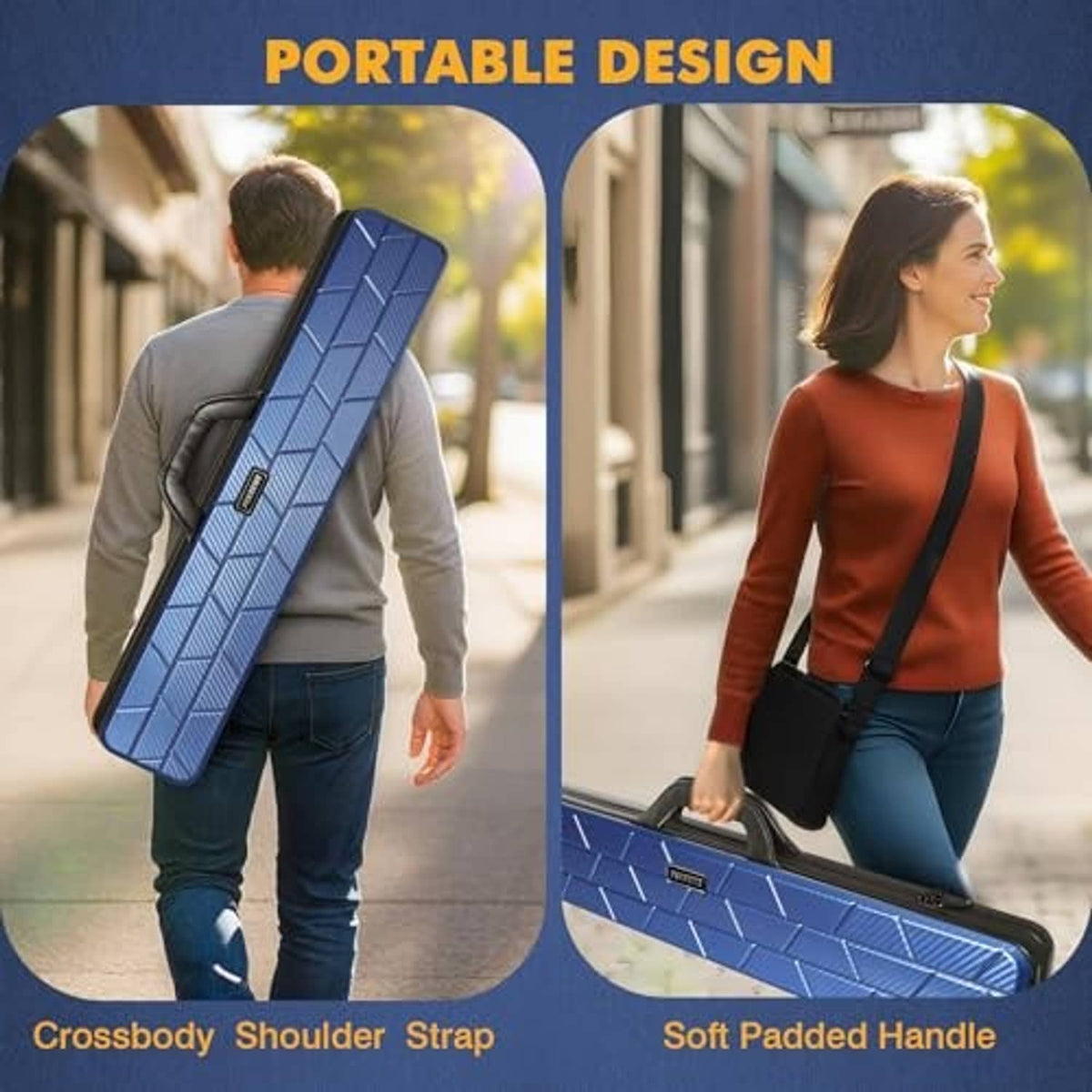 Blue hard shell pool cue case worn crossbody with soft padded handle